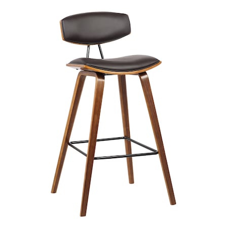 Armen Living Fox 28.5" Bar Height Brown Faux Leather and Walnut Wood Mid-Century Modern Bar Stool LCFOBAWABR30